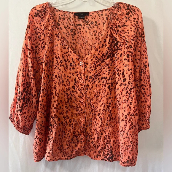 Sanctuary Orange Leopard Print 3/4 Sleeve Button Down Blouse Size Large - Picture 1 of 5